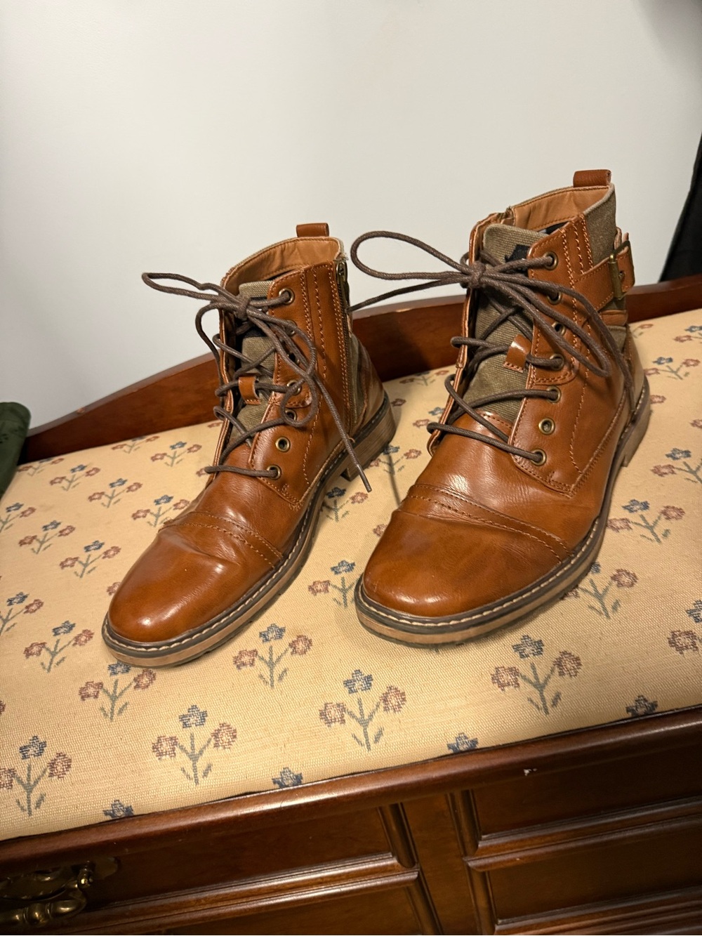 Steve Madden Men's Cognac Brown Leather Lace-Up Combat Boots